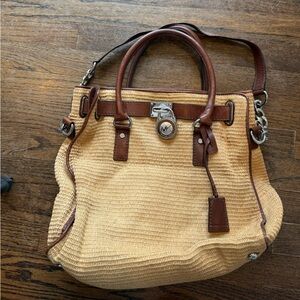 Authentic Michael Kors hamilton tote in raffia/straw and chocolate brown leather
